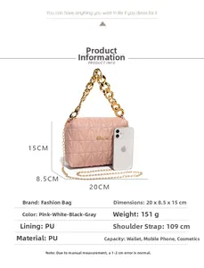 Pink quilted crossbody bag with golden chain handle and PU leather material specs