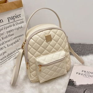 Elegant quilted cream PU leather mini backpack with gold hardware and front zip pocket
