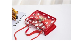 Detail of transparent PVC daisy bag with red leather trim and golden metal rotary lock