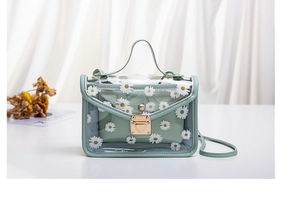 Detail of mint green transparent PVC daisy bag with matching inner pouch and gold lock
