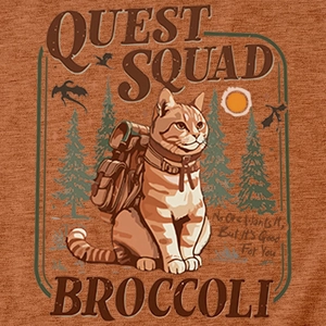 Dettaglio della stampa gatto Quest Squad su T-shirt testurizzata in arancione scuro