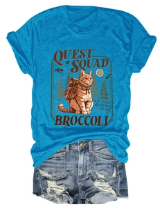 T-shirt blu brillante con stampa gatto Quest Squad e pantaloncini in denim abbinati