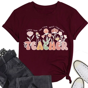 T-shirt bordeaux pour enseignant avec motif floral et détail de nœud sur le côté