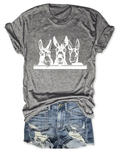 Flachbildaufnahme eines grauen T-Shirts mit Esel-Grafik und Denim-Shorts