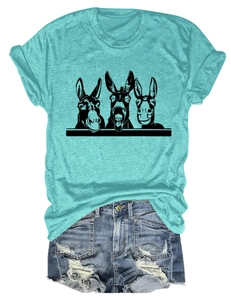 Flachbild eines minzgrünen T-Shirts mit drei Esel-Grafiken und blauen Denim-Shorts