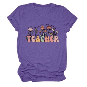 T-shirt enseignant violet chiné à plat avec imprimé floral et tissu en coton doux