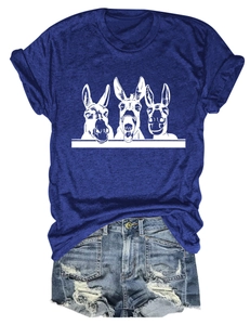 Flatlay eines königsblauen T-Shirts mit Esel-Druck und zerrissenen Denim-Shorts