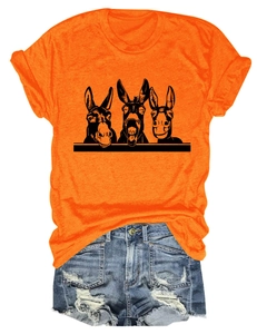 Flachbild eines orangefarbenen T-Shirts mit lustigem Esel-Print und Jeans-Shorts