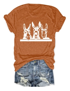 Flachbild von karamellfarbenem T-Shirt mit drei Esel-Grafiken und Jeans-Shorts