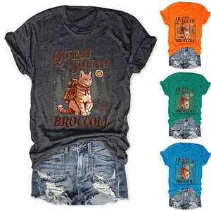 Maglietta da Donna Vintage Quest Squad con Stampa Gatto Casual Girocollo Manica Corta in Misto Cotone Estate Allentato