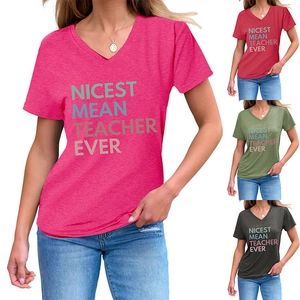 Detailed collage of V-neck T-shirts featuring Nicest Mean Teacher Ever slogan prints