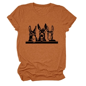 Nahaufnahme des orangefarbenen T-Shirts mit süßem Esel-Grafikdruck auf Baumwollstoff