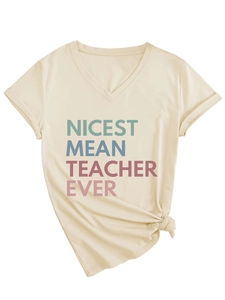Detail of V-neck beige T-shirt with Nicest Mean Teacher Ever print and side knot hem