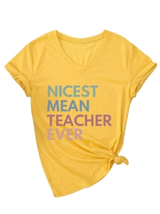 Detail view of yellow V-neck tee with Nicest Mean Teacher Ever print and side knot