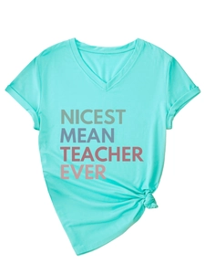 Detail of teal V-neck teacher t-shirt with rolled sleeves and front hem knot design