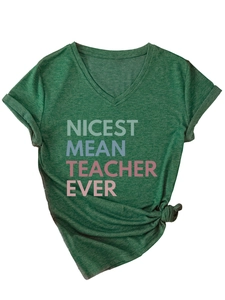 Detail of V-neck dark green t-shirt with Nicest Mean Teacher Ever print and front knot