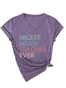 Detail of purple heather V-neck T-shirt with 'Nicest Mean Teacher Ever' slogan and side knot
