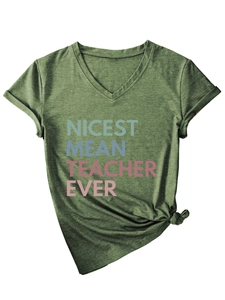Detail of V-neck dark green teacher t-shirt with colorful printed text and bottom knot