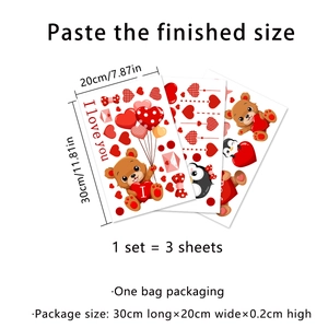 Three-sheet set of cartoon bear and heart window stickers, 30cm x 20cm size each