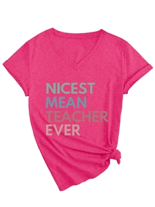 Detail of rose pink V-neck t-shirt with Nicest Mean Teacher Ever text and side-knot design