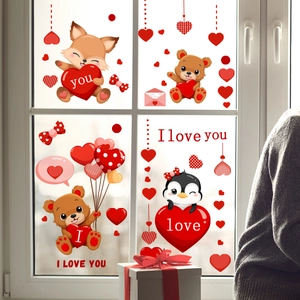 Valentine's Day Cartoon Animal Bear Heart Window Stickers PVC Static Cling Red Decals For Glass Surface Decoration