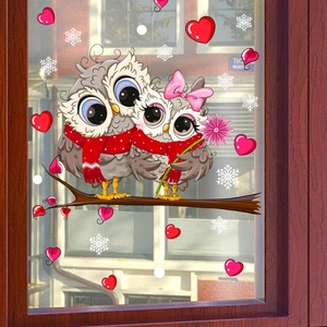 Cartoon owl window stickers with red hearts and snowflakes for festive home decoration