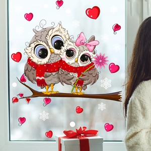 Cartoon Owl Valentine Heart Snowflake Window Clings Static PVC Sticker Glass Decals For Home Holiday Decoration