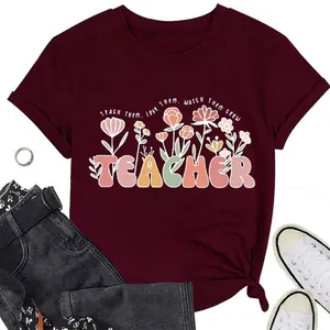 T-Shirt Décontracté en Mélange de Coton pour Femmes Teach Them Love Them Grow Imprimé Floral Col Rond Manches Courtes