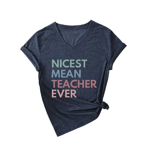 Navy blue V-neck T-shirt for women with Nicest Mean Teacher Ever colorful print design