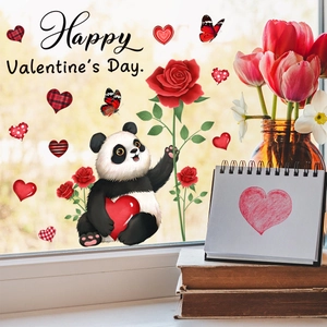Stickers de fenêtre statiques panda et cœurs pour décoration de la Saint-Valentin