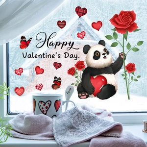 Stickers de fenêtre Saint-Valentin avec panda mignon, roses rouges et cœurs