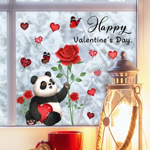 Stickers de fenêtre panda et cœur rose avec texte Happy Valentine's Day