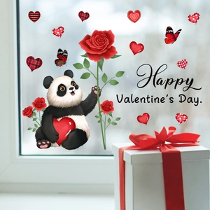 Détail d'autocollant de fenêtre Saint-Valentin avec panda tenant un cœur et une rose