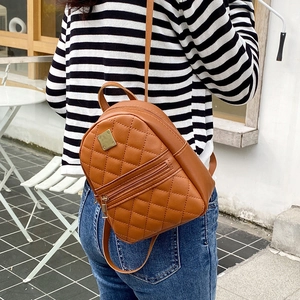 Caramel brown quilted mini backpack for women in stylish rhombic pattern PU leather
