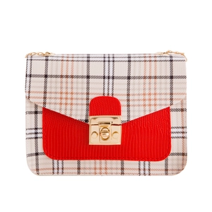 Women's plaid chain crossbody bag with red lizard texture flap and gold hardware