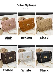 Quilted crossbody bag color options: pink, brown, khaki, coffee, white, and black varieties