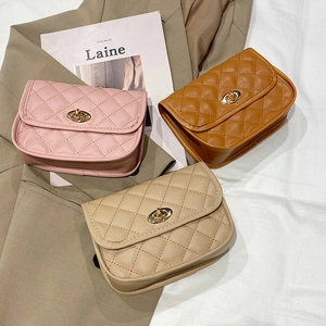 Quilted crossbody bag with twist lock in pink, caramel, and beige variants