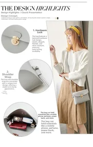 Détails du sac bandoulière gris montrant le fermoir doré, la bandoulière et l'intérieur