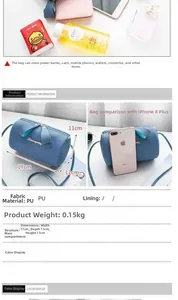 Blue lychee textured cylinder bag showing 17x11x11cm dimensions and PU material