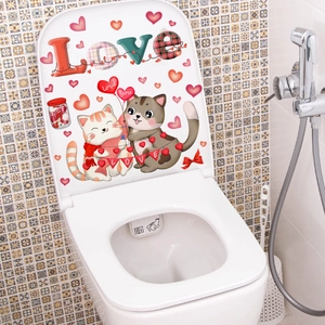 Cartoon cats and red hearts LOVE wall sticker for Valentine bathroom toilet decor