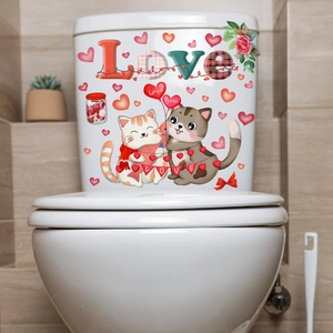Cartoon Cat Love Heart Valentine Day Toilet Sticker Waterproof PVC Bathroom Decal Romantic Rose Decoration