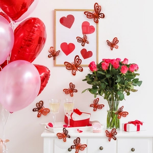 3D glitter butterfly wall stickers and red heart decals for Valentine's Day decor
