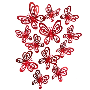 Detail of 3D red glitter butterfly wall stickers with heart cutouts and hollow design