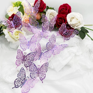 Detailed close-up of 3D purple glitter butterfly wall stickers with rose hollow patterns