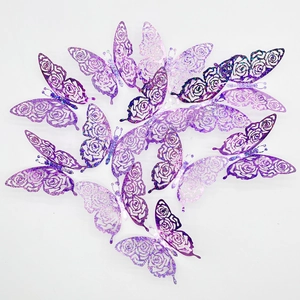 Set of 12 purple laser cut hollow butterflies with rose patterns for wall decor