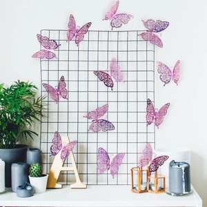 3D glitter purple butterfly wall decor set with hollow rose pattern for home parties
