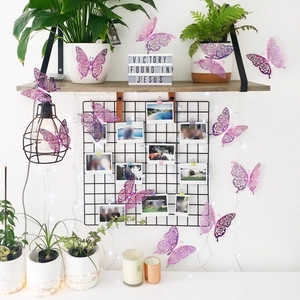 Detailed 3D holographic purple butterfly stickers with rose pattern laser cutouts for home decor