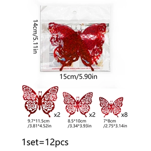 Detailed size guide for red 3D glitter butterfly wall stickers with hollow rose patterns