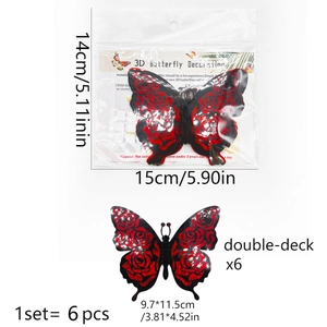 Detail view of 3D double-deck butterfly wall stickers with red rose patterns and dimensions