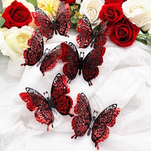Detailed 3D butterfly wall stickers with laser-cut rose patterns and red glitter layers